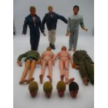 An assortment of used Action Man figures and heads, includes grip hands and eagle eyes. AF