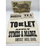A collection of vintage paper signs and notices including a "To be Let" sign for Symes & Madge of