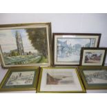 A collection of various pictures including an oil painting of a church and a print of Sidmouth