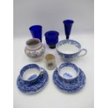 Three pieces of Bristol Blue glass, along with two Spode Blue Italian trio's, a Spode Blue Room