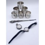 A 925 silver wristwatch, 935 silver fob watch,silver handled button hook along with a set of 6 SCM