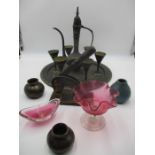 A miscellaneous collection of items including an Eastern coffee set, cranberry glass etc.