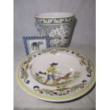 A large continental jardiniere, charger (A/F) along with a porcelain dish depicting an elephant