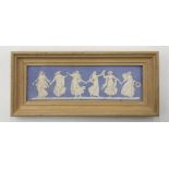 A framed Wedgwood blue dipped Jasperware Dancing Hours Plaque - Total size 22 x 9.5cm