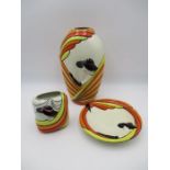 A matching set of three Lorna Bailey Art Deco lady design style pottery including a taller vase,