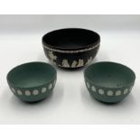 Two teal Wedgwood Jasperware bowls with shell decoration to rim along with a larger black Jasperware