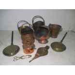 A collection of Copper and brass ware including coal buckets, coal scuttle, jam pan, a railway