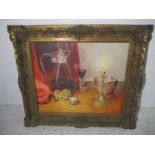 A still life oil on canvas signed Rosa Branson 1986 of a claret jug, pocket watch, silver bowl and