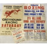 Three vintage posters from the 1940's, one detailing a charity boxing match held at the Pressed