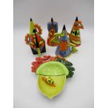 A collection of five various Lorna Bailey sugar shakers including a limited edition Rocket shaker (