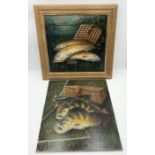 Two fishing related still life oil paintings on canvas ( one backed onto board)