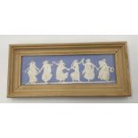 A framed Wedgwood blue dipped Jasperware Dancing Hours Plaque - Total size 22 x 9.5cm