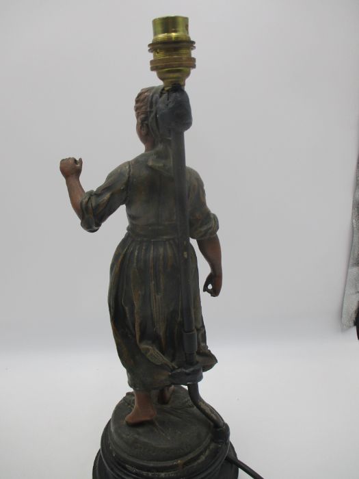 A spelter lamp after Rousseau "Faneuse" along with a pair of brass candlesticks - Image 7 of 8