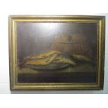 A Victorian oil on board, still life of fish on a plate next to a fishing creel, 44.5cm x 60cm