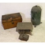 A J.H Heathman & Co galvanised pumped fire extinguisher along with a vintage tin trunk and two