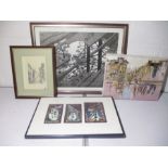 A black and white print of reflections monogrammed MCE '52, mixed media triptych study signed