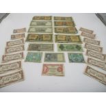 A collection of vintage bank notes including war issue Japanese Government, Malaya, German etc.