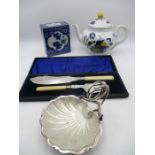 A Chinese blue and white block/pillow vase along with silver plated servers, shell shaped dish etc.