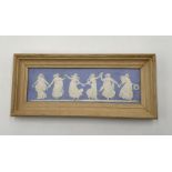 A framed Wedgwood blue dipped Jasperware Dancing Hours Plaque - Total size 22 x 9.5cm