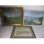 Two oil paintings along with a signed print "Fishing boats at Worthing"