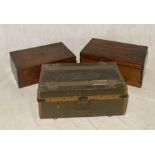 A collection of three vintage and antique wooden boxes including writing slope, small vintage