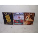 Three reproduction tin plate advertising signs, including Will's Cigarettes, Wincarnis Wine