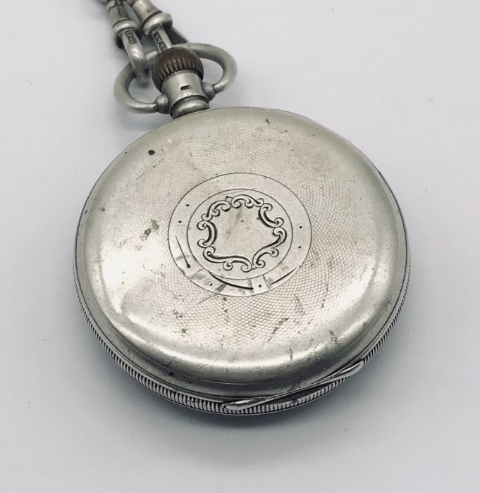 A hallmarked silver pocket watch with subsidiary second dial on a hallmarked silver Albert - Image 3 of 3