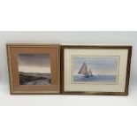 A watercolour landscape by Bob Bradshaw (26 x 26cm) along with another maritime scene "Smacks in the