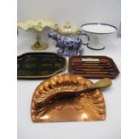 A collection of decorative items including comports, cocktail tray, cow creamer etc.