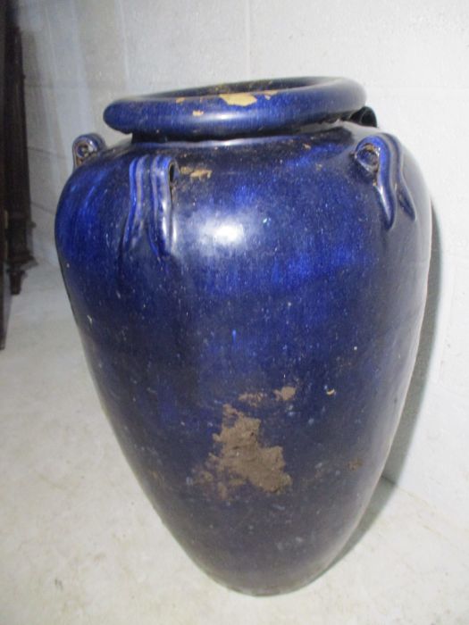 Two large glazed blue garden urns. - Image 9 of 17