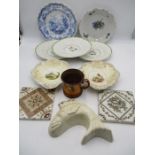 A collection of china etc. including a blancmange mould in the form of a fish, various 19th plates