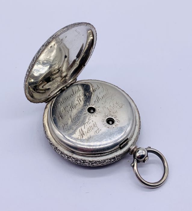 A continental 935 silver fob watch with enamelled dial with gilded decoration, inscription to - Image 3 of 3