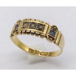 A Victorian 15ct gold ring set with sapphires and seed pearls, total weight 2.4g