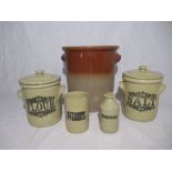 A collection of five stoneware pieces including two by Moira Pottery (flour & salt storage jars),