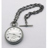 A hallmarked silver pocket watch with subsidiary second dial on a hallmarked silver Albert