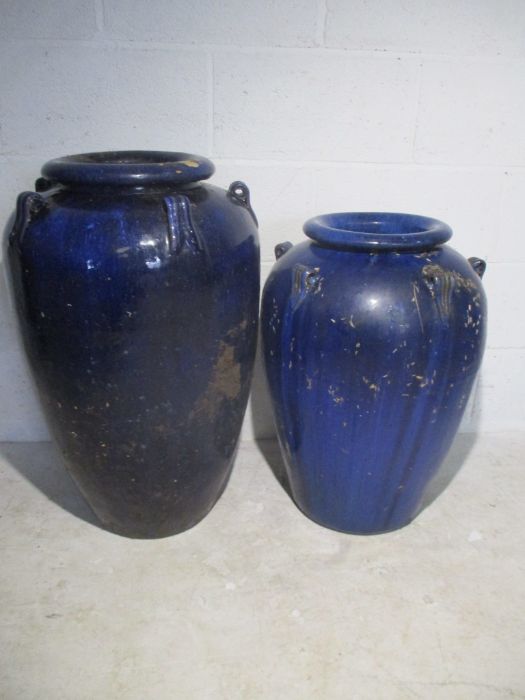 Two large glazed blue garden urns. - Image 2 of 17