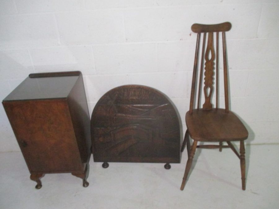 A glass topped Art Deco bedside cabinet, a carved oak fire screen showing a Dutch scene, plus a