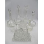 A collection of decorative glassware including decanters, basket etc.