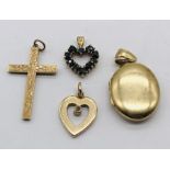 A 9ct gold locket along with three 9ct gold pendants, total weight 13.6g