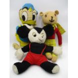 Three soft toys- Rupert the Bear, Mickey Mouse and Donald Duck