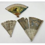 A 19th Century ivory fan with carved and pierced decoration showing Oriental scenes, and a bone