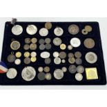 A tray of various coins, tokens and medallions from George III onward.