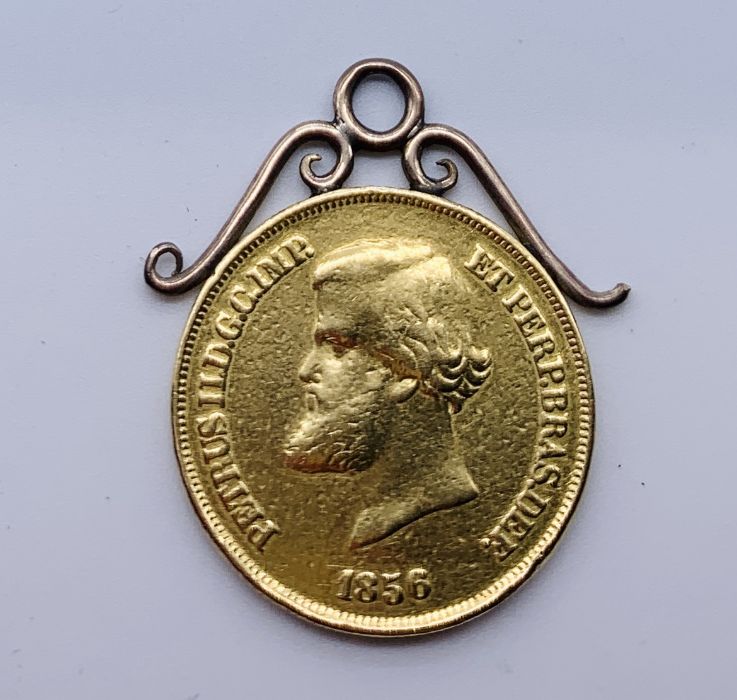 Brazil - 1856 10000 Reis 22ct gold coin on 9ct mount, total weight 9.4g