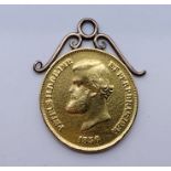 Brazil - 1856 10000 Reis 22ct gold coin on 9ct mount, total weight 9.4g