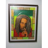 A framed Bob Marley picture, signed by Tom Wilkenson - overall size 84cm x 110cm