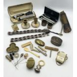 An assortment of items including two boxed vintage Heine Otoscopes, snuff boxes, silver plated