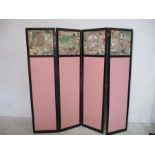 A four fold double sided Chinoiserie screen. Hinge pins are missing.