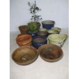 A collection of garden pots including glazed and terracotta.