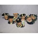 A collection of seven Royal Doulton Nautical character jugs including Long John Silver, Captain