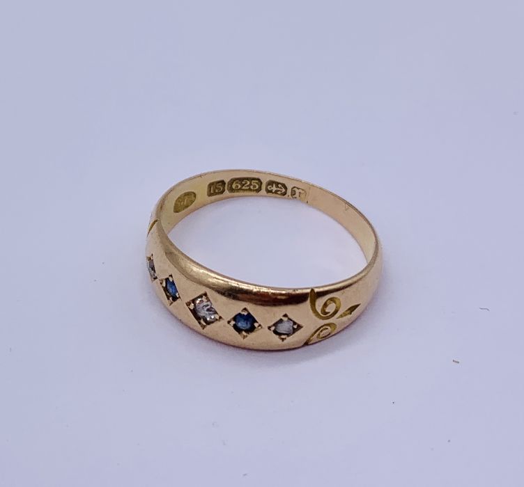 A 15ct gold gypsy set ring with diamonds and sapphires - Image 2 of 3